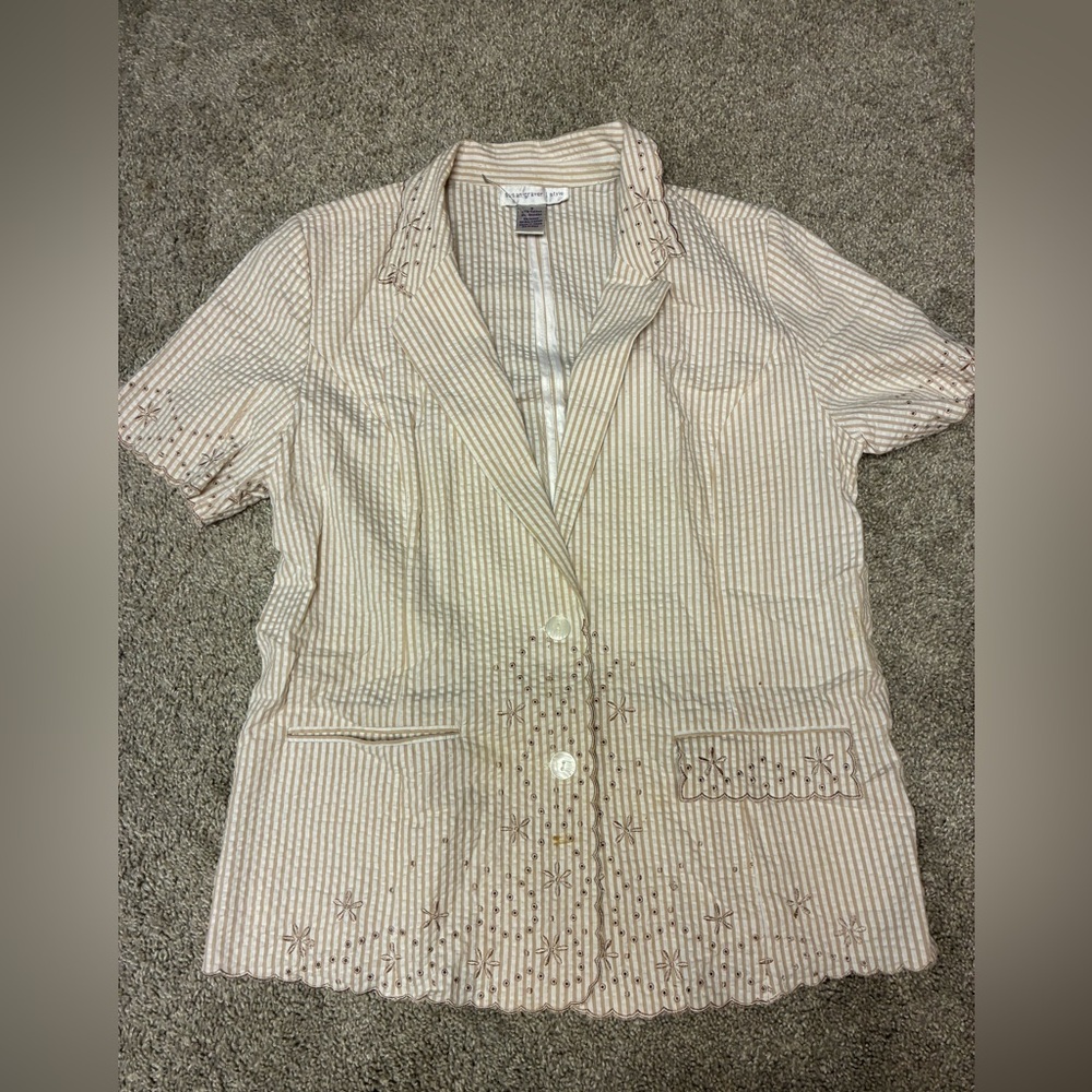 Susan Graver Striped Short-Sleeve Button-Down Blazer
